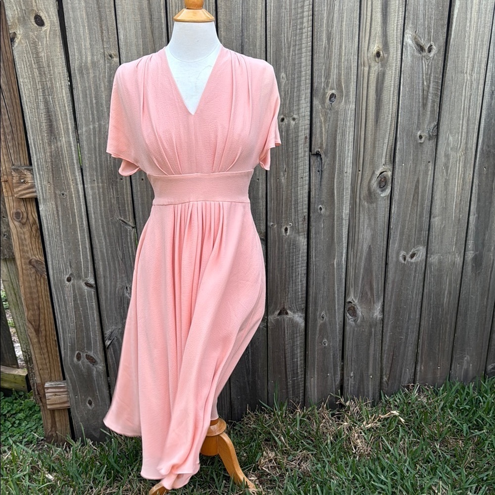 GAL MEETS GLAM Jane Tie Waist Midi Dress Coral PINK CREPE V NECK SIZE 4 - Picture 3 of 9